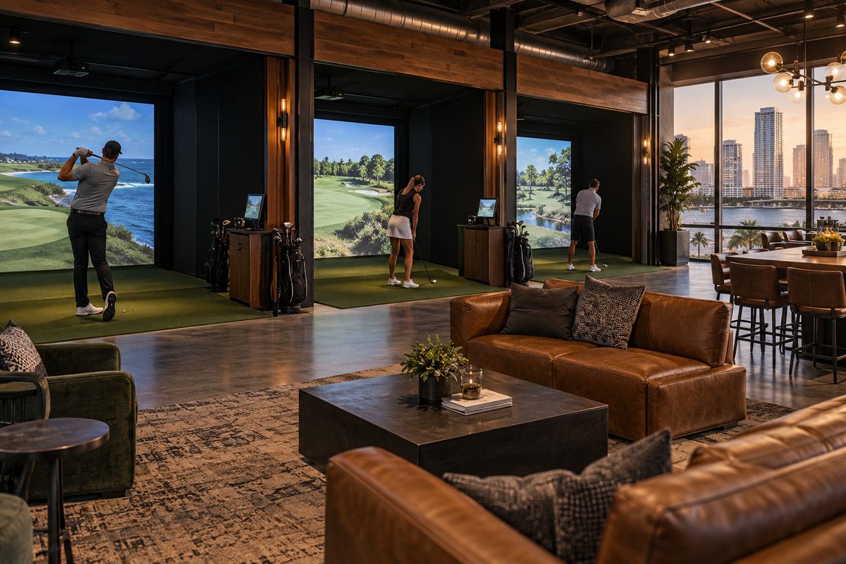 Interior view of Pine Hyrst indoor golf club and simulator suites in Tampa Florida