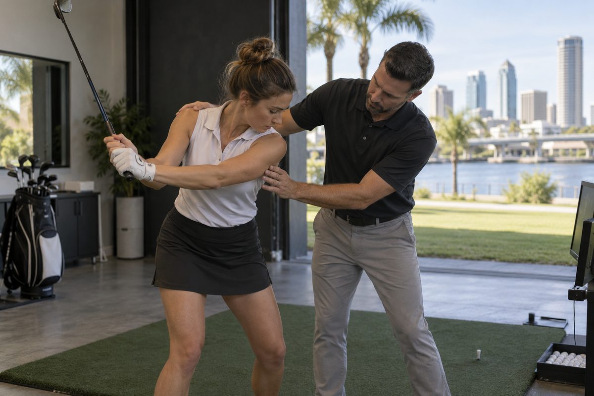 Golf coach checking swing mechanics and posture during a lesson at Pine Hyrst