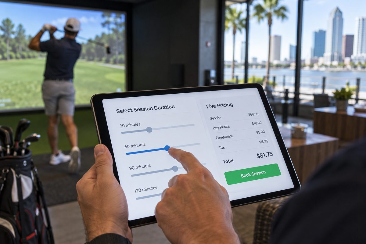 Interactive touchscreen console calculating simulator bay rates and package options