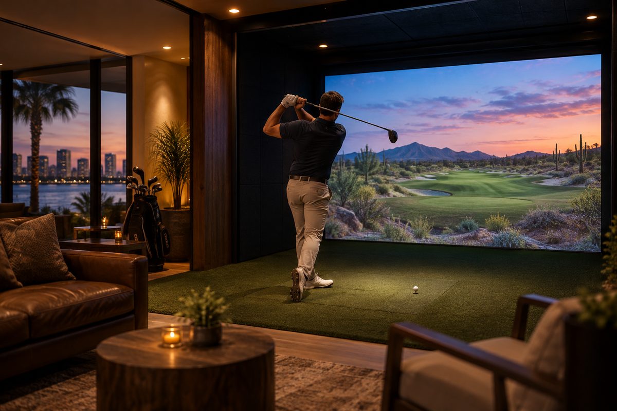 Atmospheric evening simulator bay lighting at Pine Hyrst Golf Club