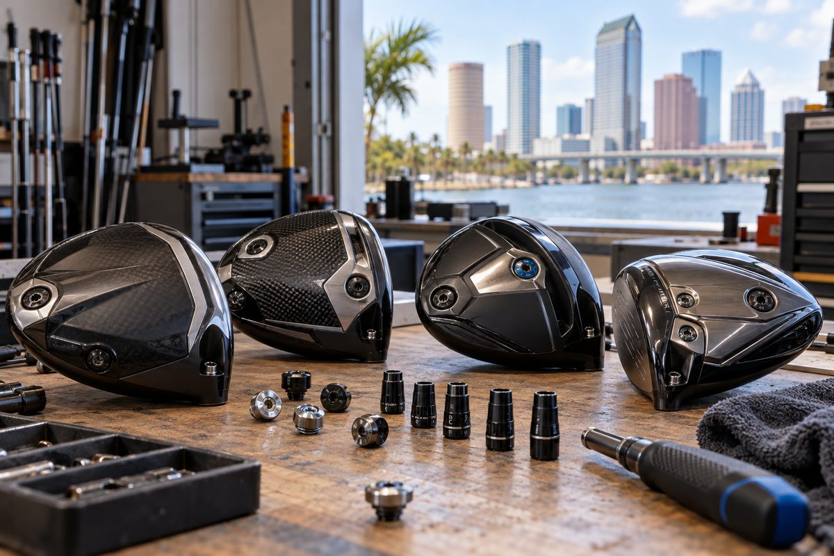 Adjustable driver clubheads and torque tools arranged for launch monitor fitting