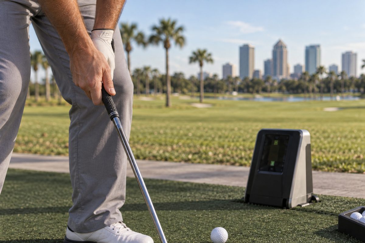 Golfer addressing ball on launch monitor sensor during custom fitting session