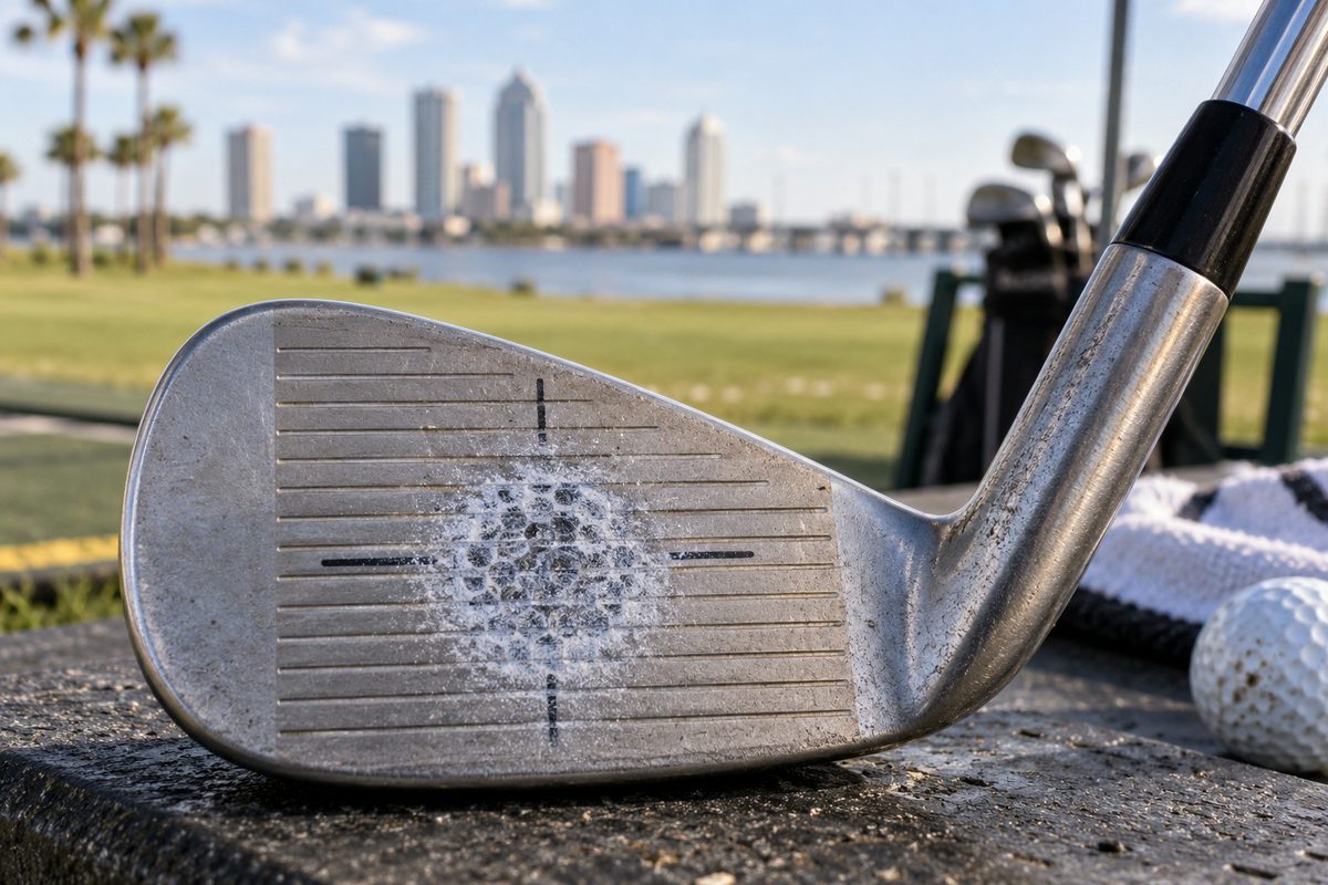 Forged iron face with impact spray showing dead-center strike pattern during club fitting