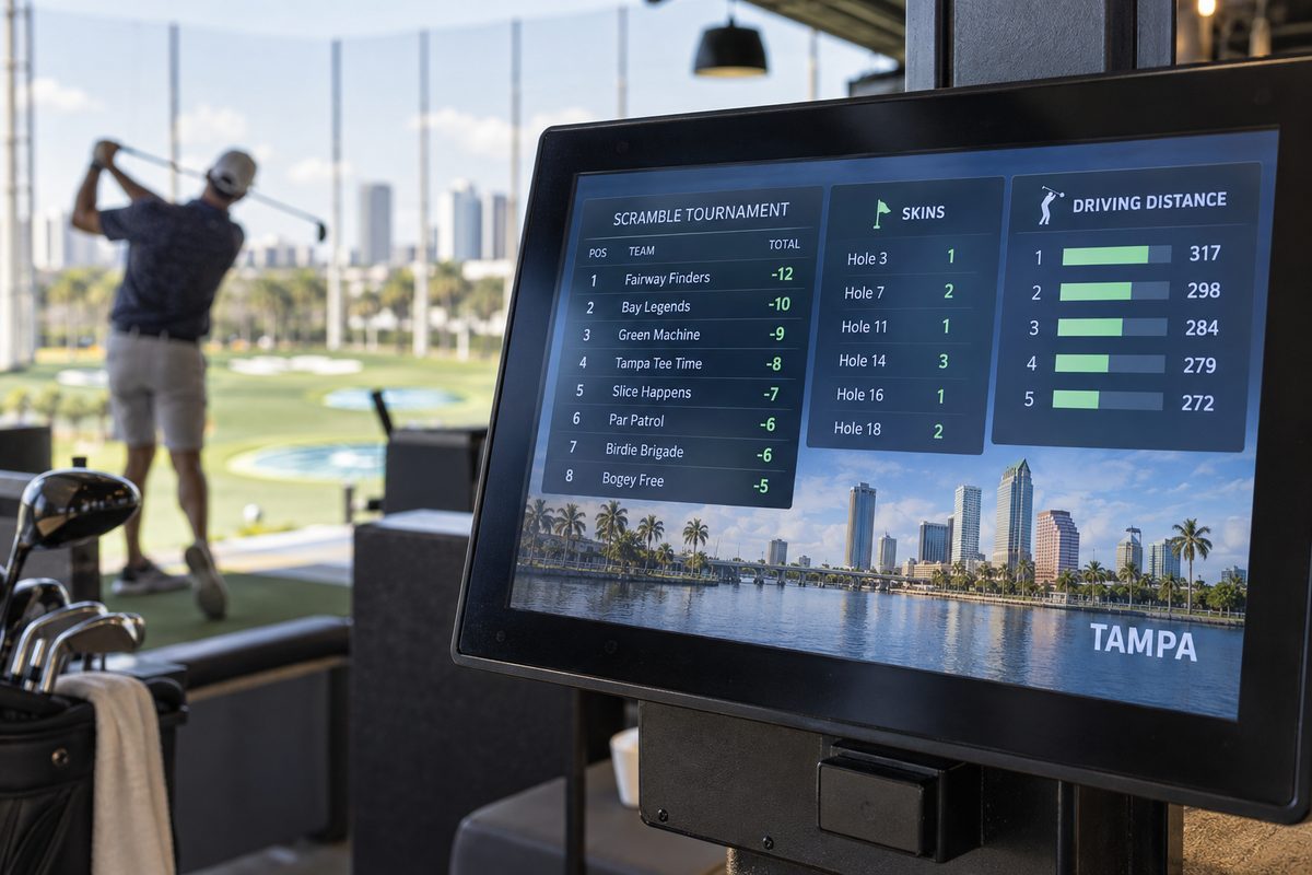 Group scramble leaderboard and tournament statistics on simulator bay display