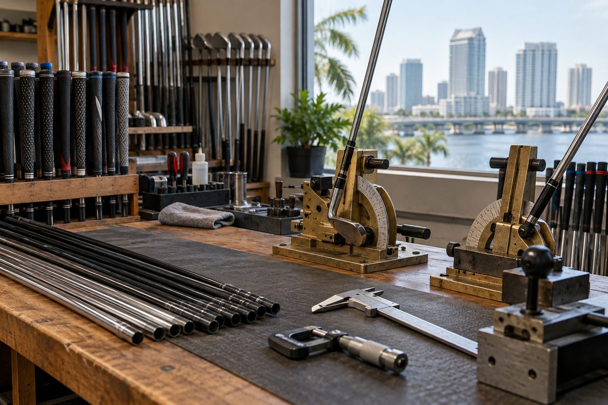 Pine Hyrst club fitting workbench with loft and lie angle gauges