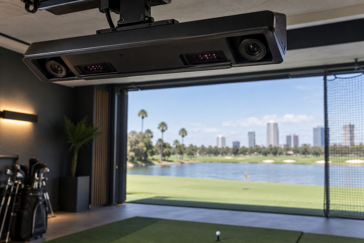 Ceiling-mounted high-speed optical golf launch monitor above the practice tee