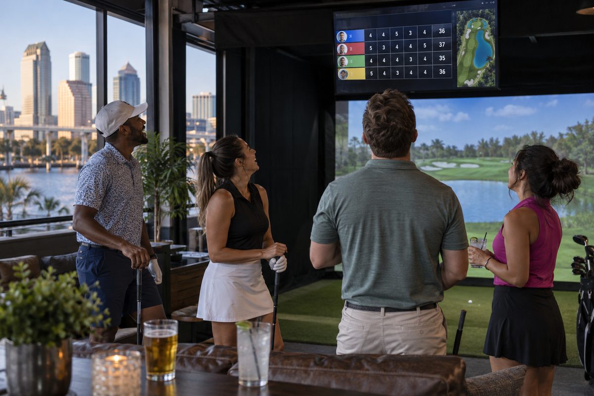 Golfers competing during indoor simulator league night at Pine Hyrst Tampa