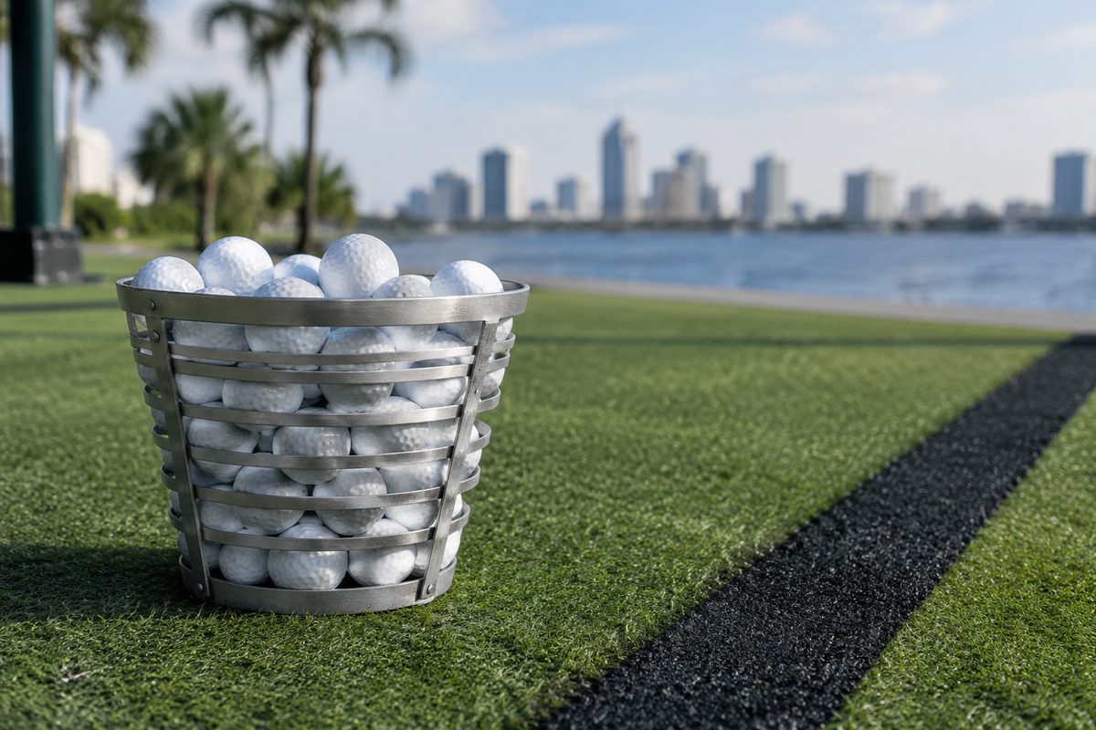 Golf balls and designated safety boundary markings inside simulator studio