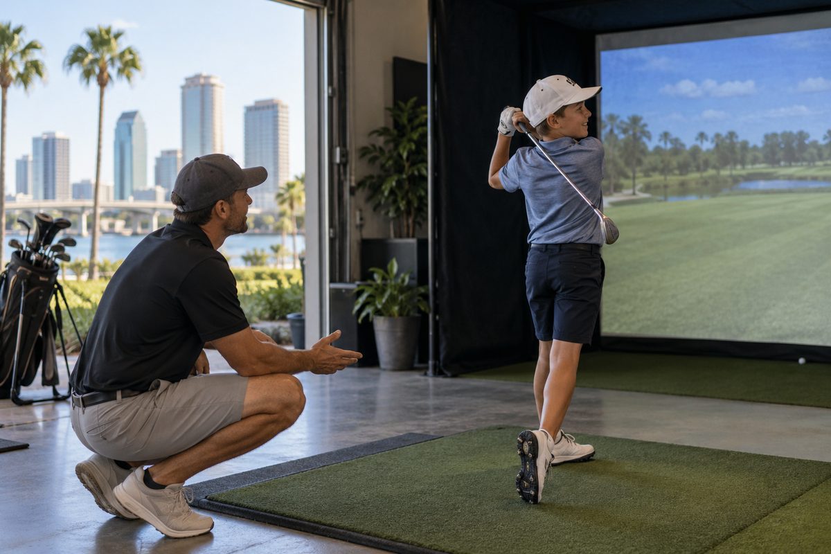 Junior golfer practicing swing fundamentals in Tampa simulator suite