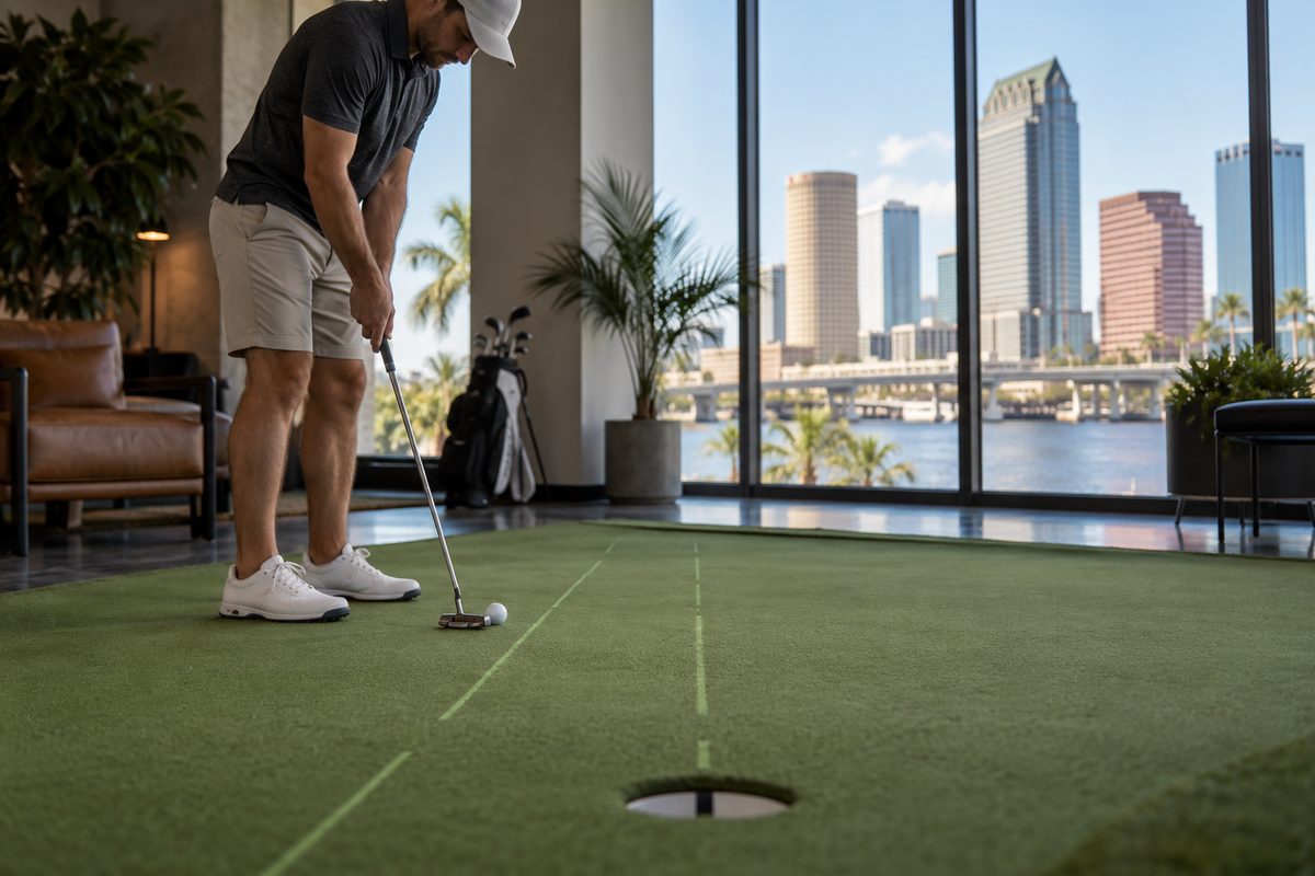 Precision indoor putting green with laser alignment guides at Pine Hyrst