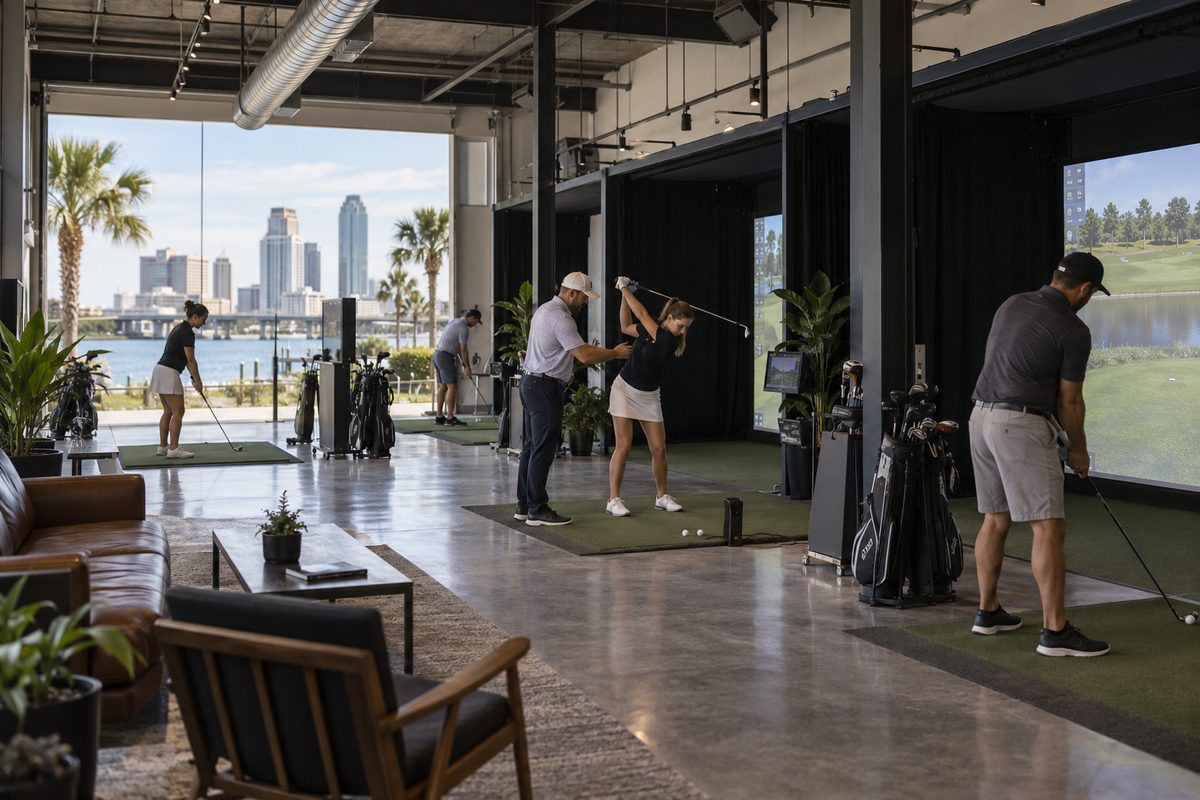 Wide studio view of professional golf instruction bays and swing coaching stations