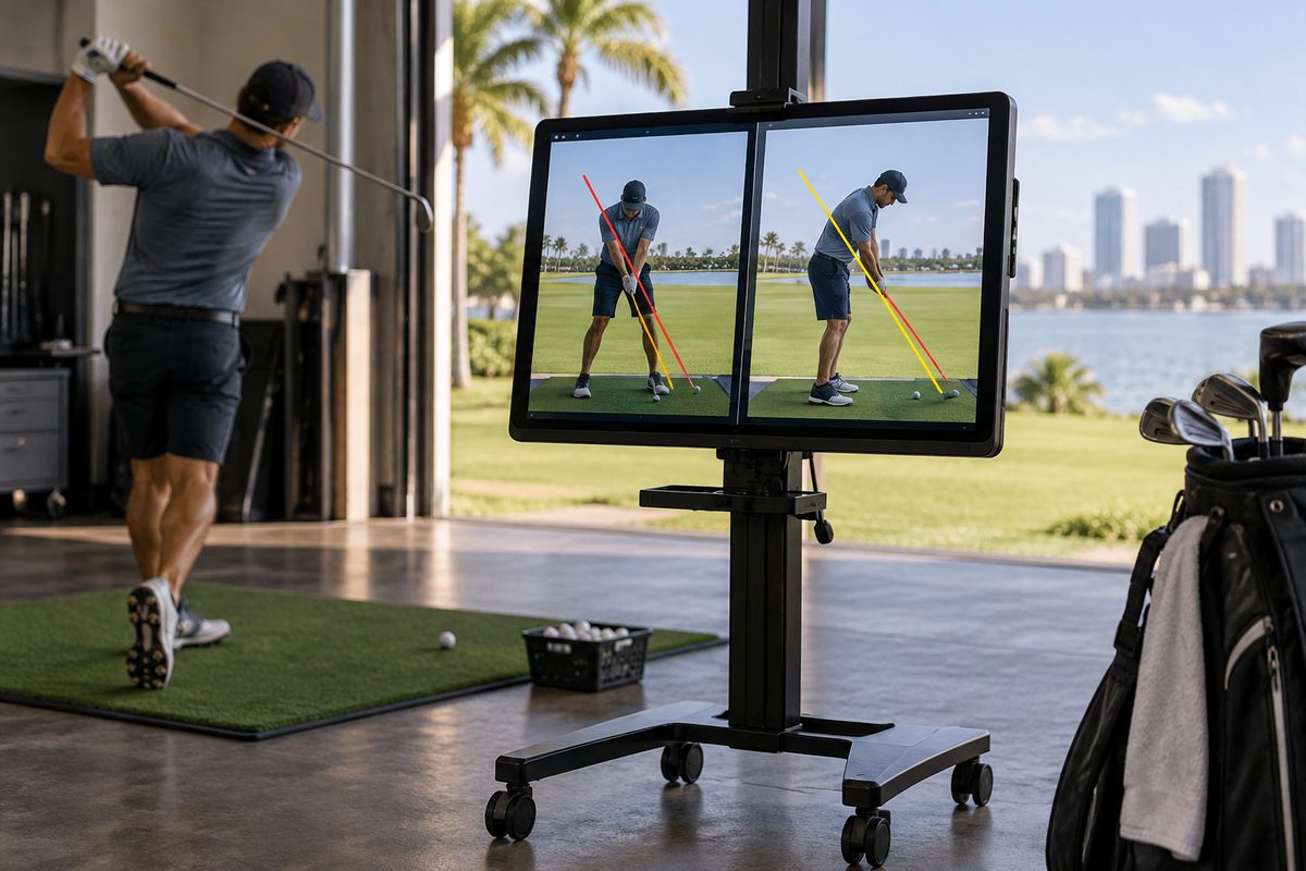Dual-angle slow-motion video swing analysis screen with trajectory lines