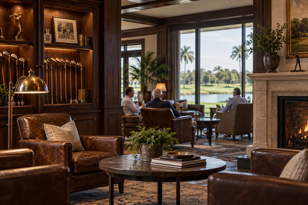 Pine Hyrst club members lounge with leather seating and warm architectural lighting