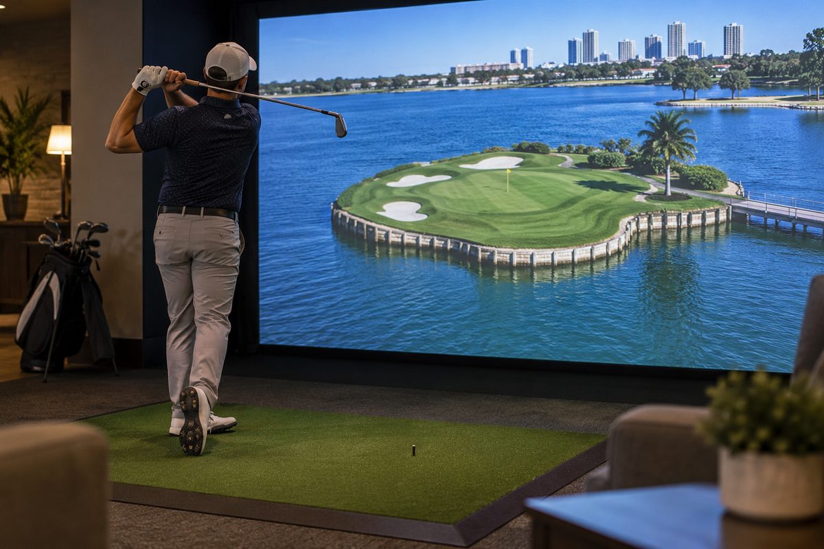 Championship golf course island green projected on simulator screen