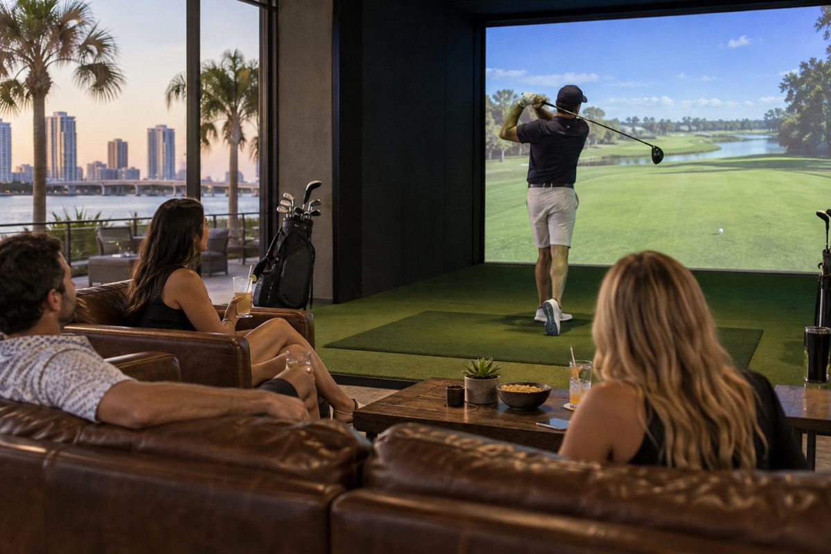 Group of friends playing indoor simulator golf at Pine Hyrst