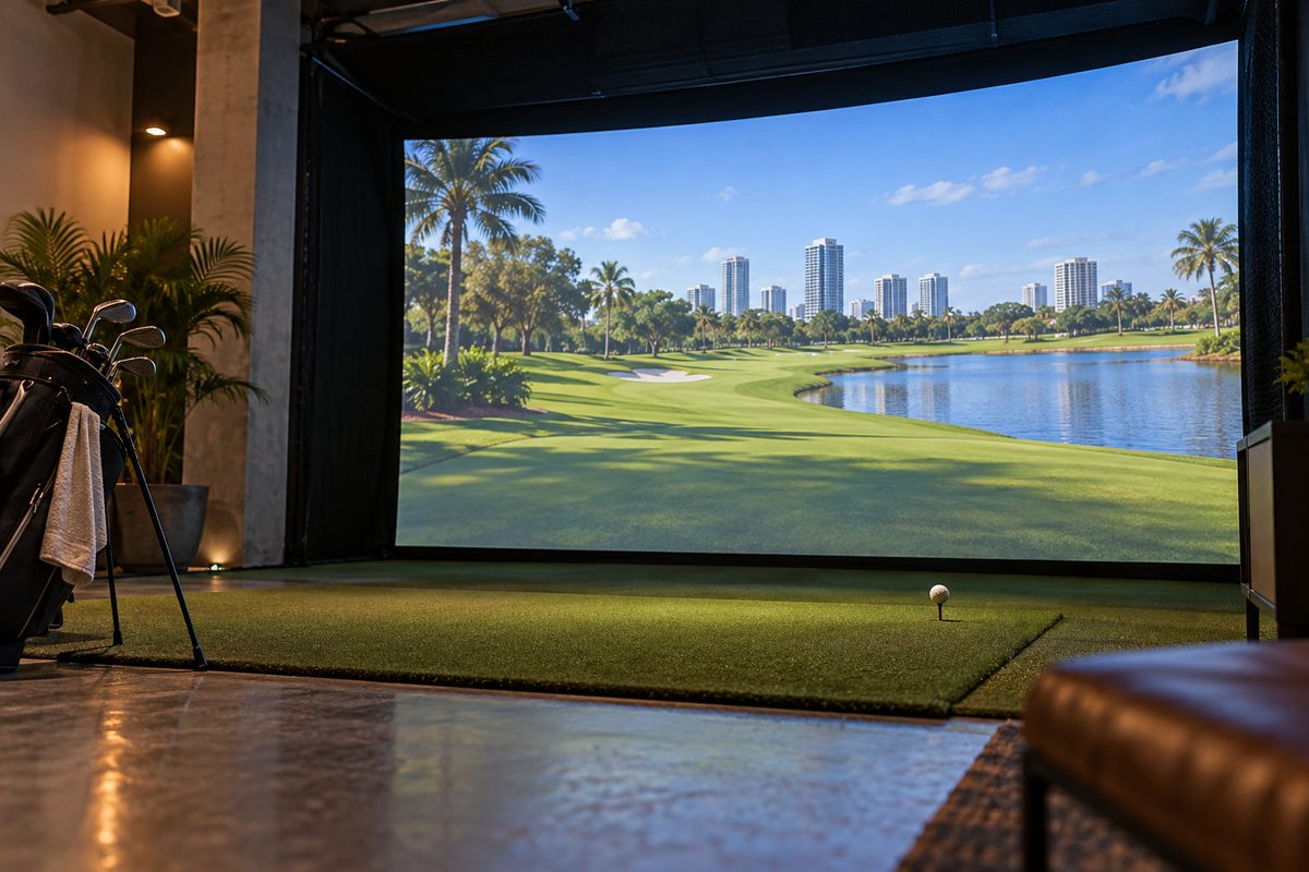 High-impact simulator projection screen displaying digital golf course landscape