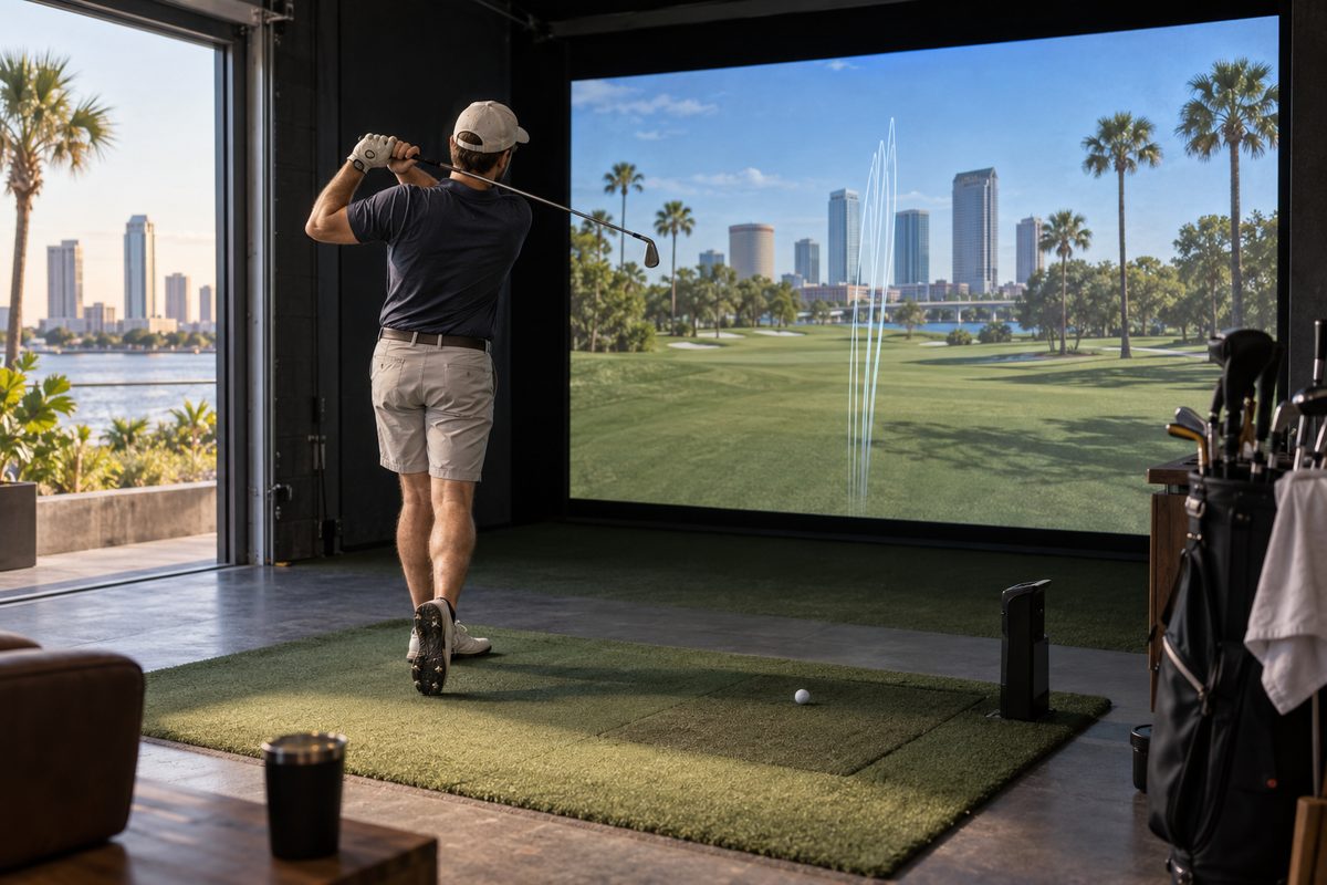 Solo golfer training in private practice simulator bay at Pine Hyrst
