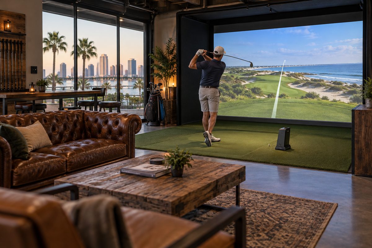 Private golf simulator bay with lounge seating for up to six golfers