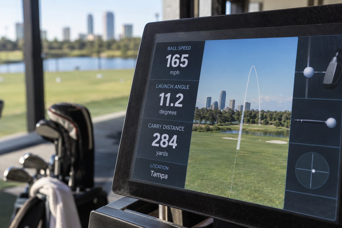Golf swing telemetry touchscreen displaying ball speed and carry distance