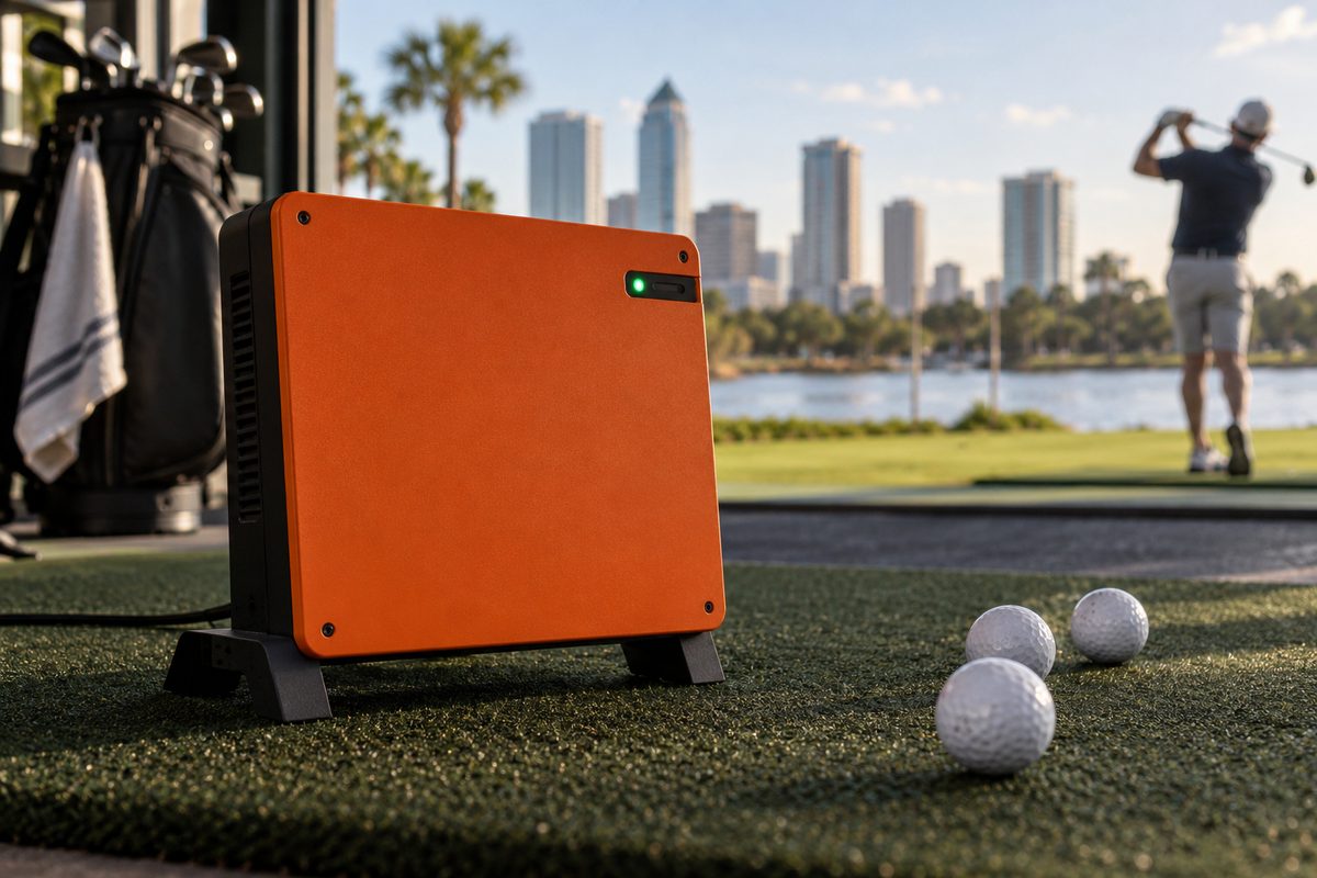 Calibrated dual-radar launch monitor unit positioned on the simulator turf