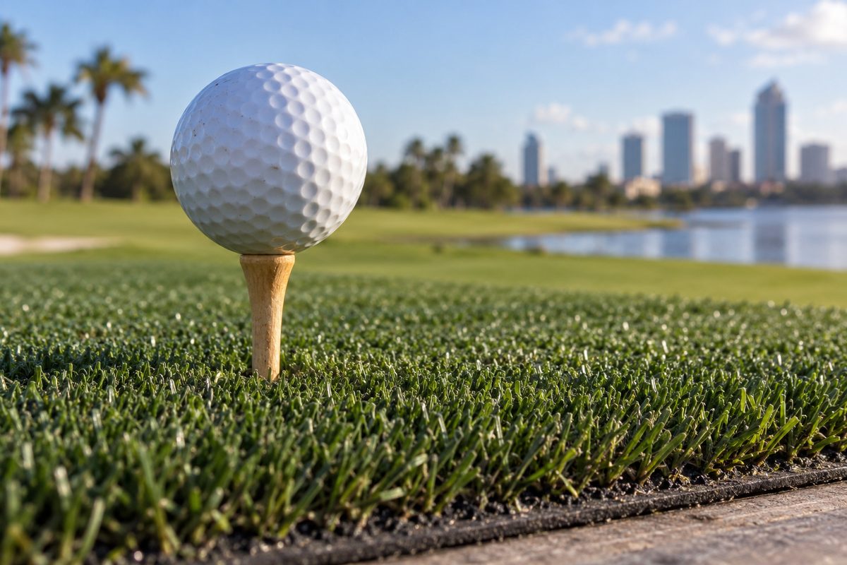 Macro view of regulation golf ball on wooden tee placed in synthetic turf mat